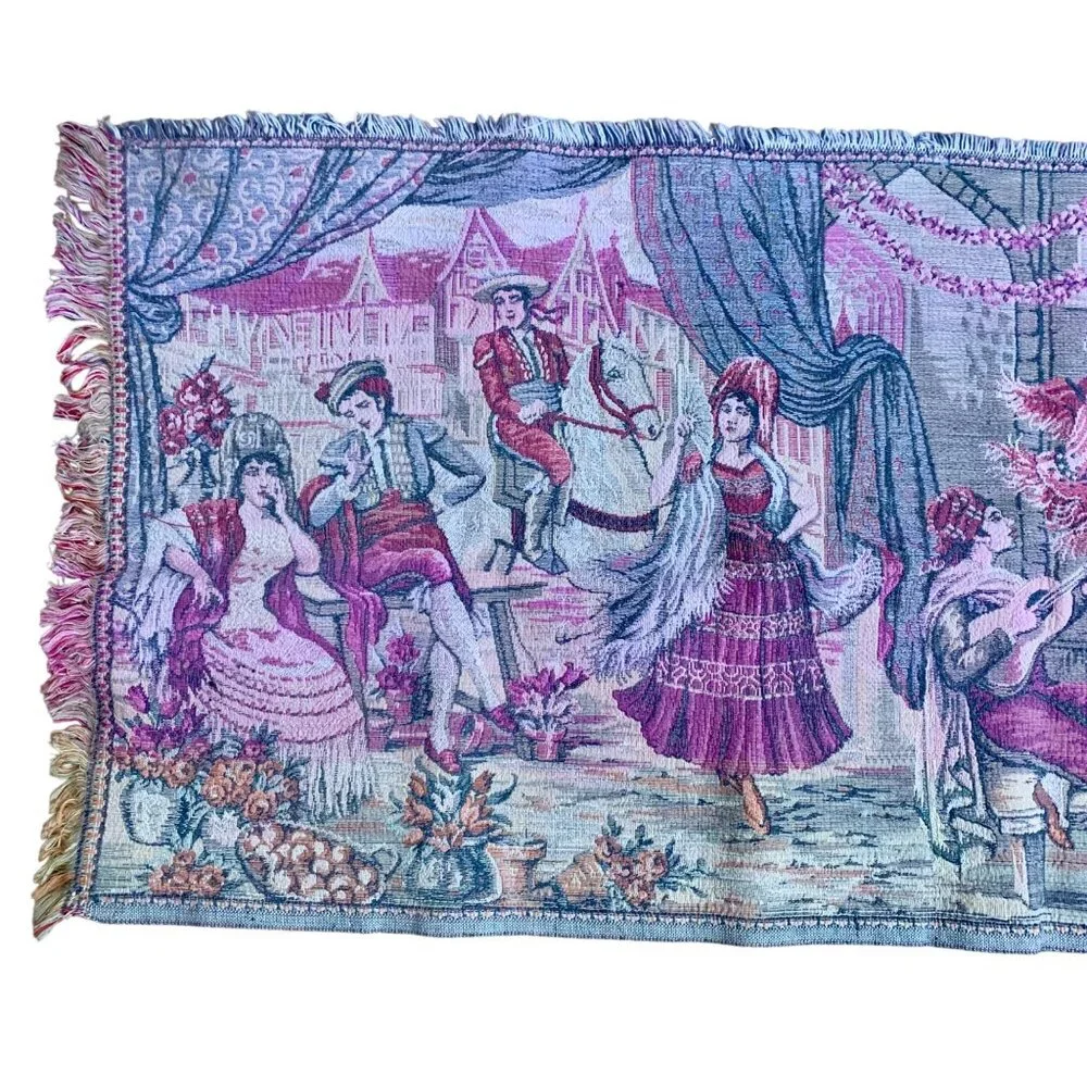 VTG Italian Tapestry Wall Hanging Elegant 19th Century Garden Scene Courting